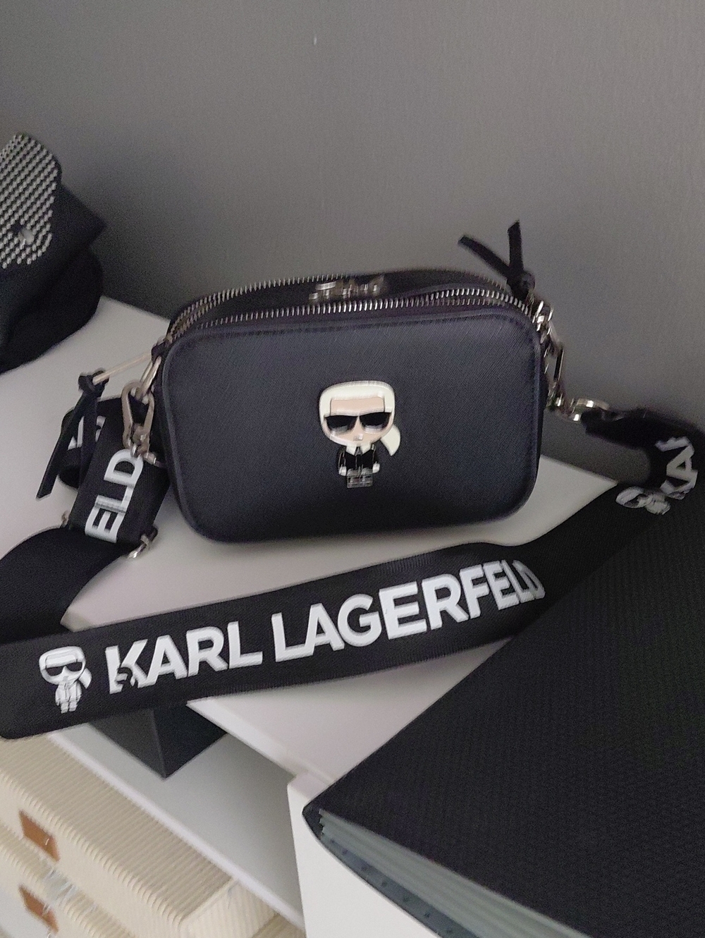 Karl Lagerfeld Black Crossbody Camera Bag with Logo Strap and Silver Charm